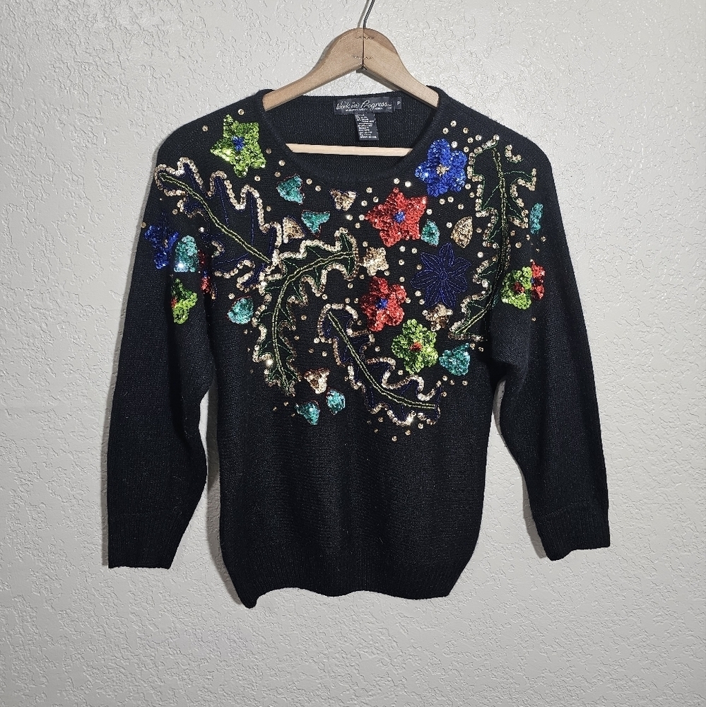 Vintage Work in Progress by Gladys Bagley Silk/Angora Funky Sequin Sweat…